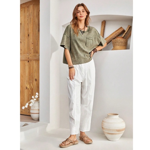 Army Green Cotton Oversized Tee Shirt Raw Hem and Inside Out Stitches Bohemian - Picture 5 of 9